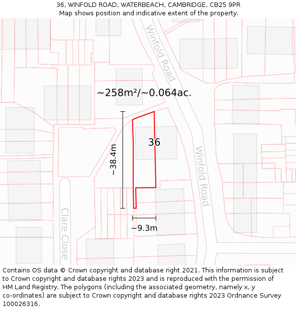 36, WINFOLD ROAD, WATERBEACH, CAMBRIDGE, CB25 9PR: Plot and title map