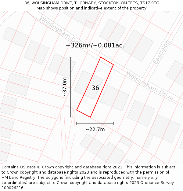 36, WOLSINGHAM DRIVE, THORNABY, STOCKTON-ON-TEES, TS17 9EG: Plot and title map