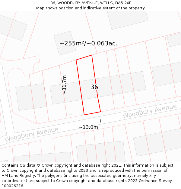 36, WOODBURY AVENUE, WELLS, BA5 2XP: Plot and title map