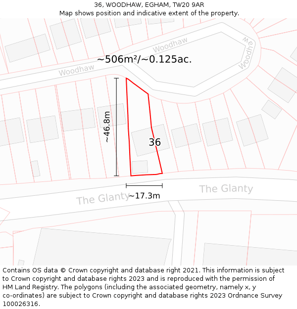 36, WOODHAW, EGHAM, TW20 9AR: Plot and title map