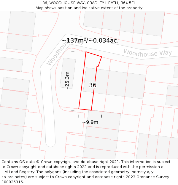 36, WOODHOUSE WAY, CRADLEY HEATH, B64 5EL: Plot and title map