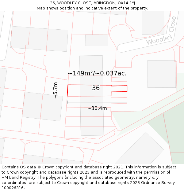36, WOODLEY CLOSE, ABINGDON, OX14 1YJ: Plot and title map