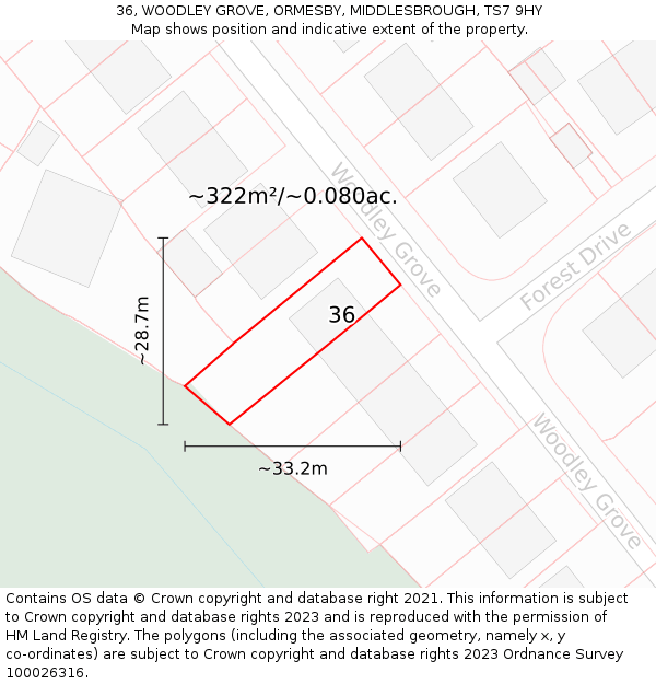 36, WOODLEY GROVE, ORMESBY, MIDDLESBROUGH, TS7 9HY: Plot and title map