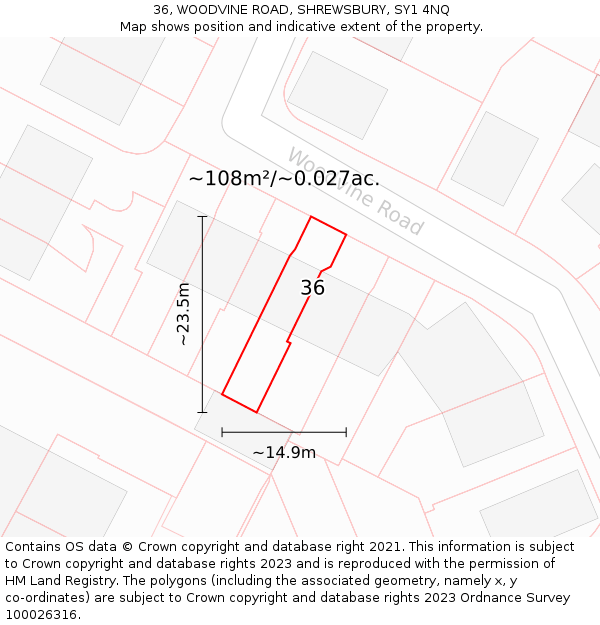 36, WOODVINE ROAD, SHREWSBURY, SY1 4NQ: Plot and title map