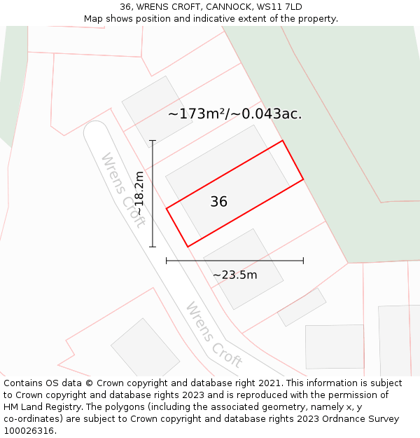 36, WRENS CROFT, CANNOCK, WS11 7LD: Plot and title map