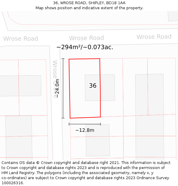 36, WROSE ROAD, SHIPLEY, BD18 1AA: Plot and title map