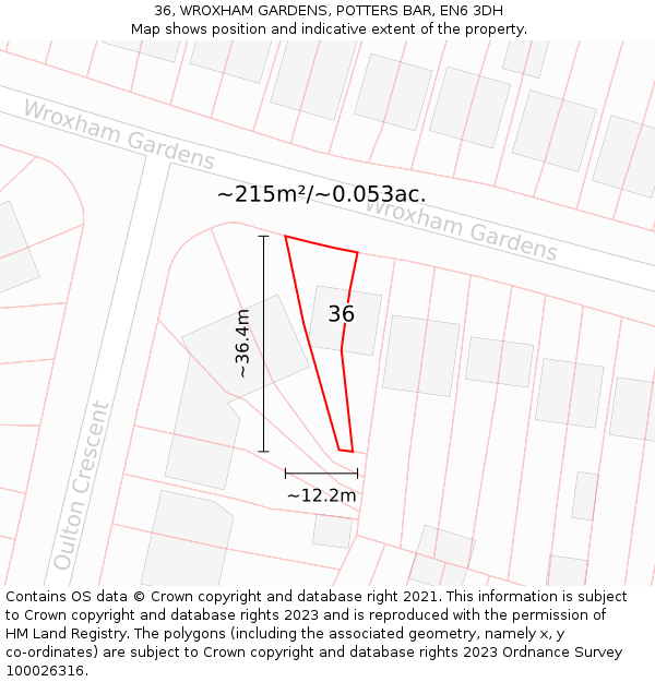 36, WROXHAM GARDENS, POTTERS BAR, EN6 3DH: Plot and title map