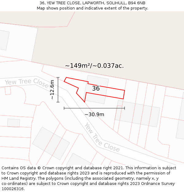 36, YEW TREE CLOSE, LAPWORTH, SOLIHULL, B94 6NB: Plot and title map