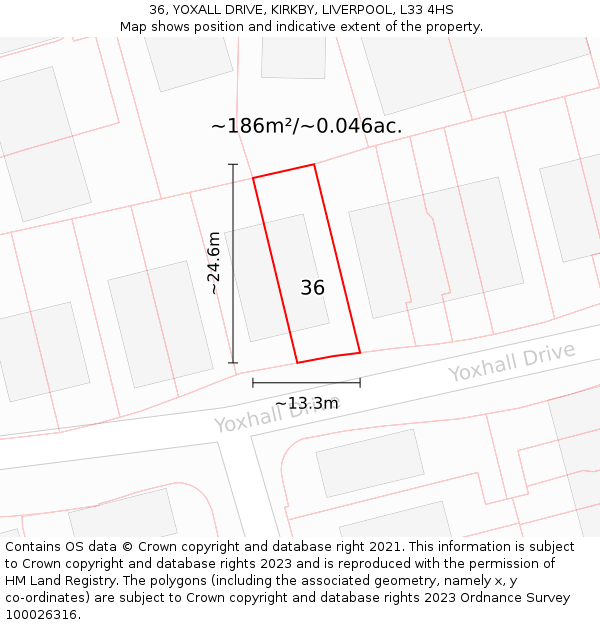 36, YOXALL DRIVE, KIRKBY, LIVERPOOL, L33 4HS: Plot and title map