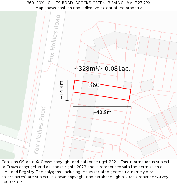 360, FOX HOLLIES ROAD, ACOCKS GREEN, BIRMINGHAM, B27 7PX: Plot and title map