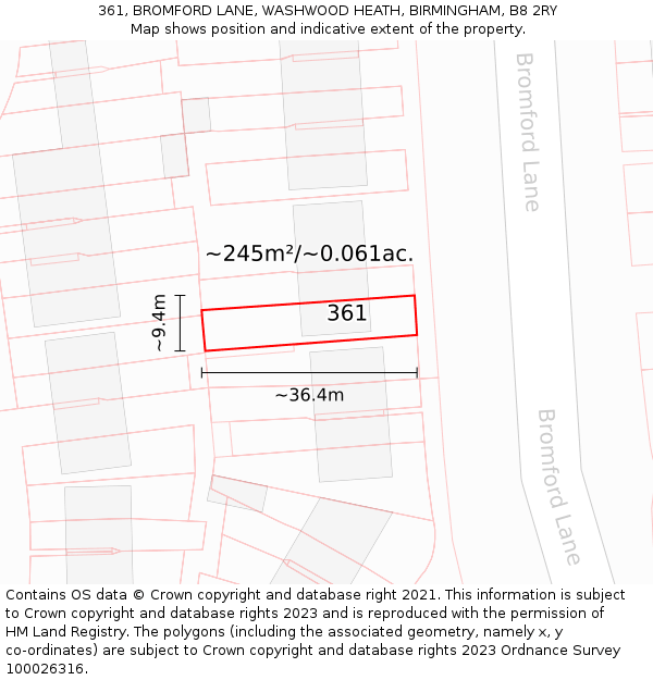 361, BROMFORD LANE, WASHWOOD HEATH, BIRMINGHAM, B8 2RY: Plot and title map