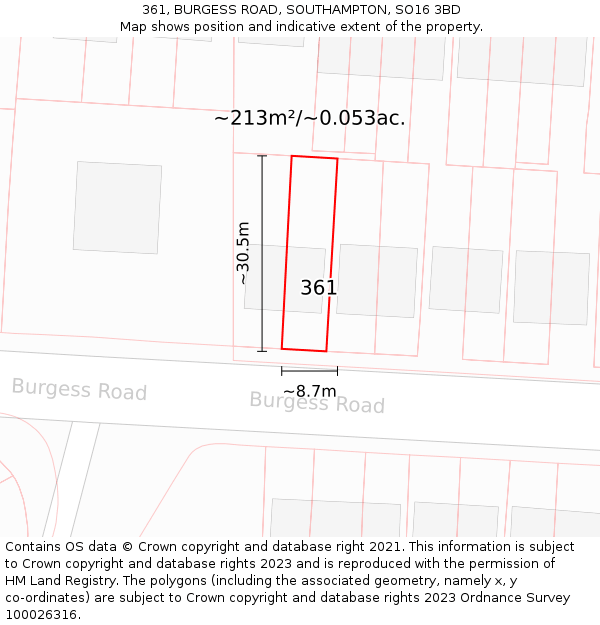361, BURGESS ROAD, SOUTHAMPTON, SO16 3BD: Plot and title map