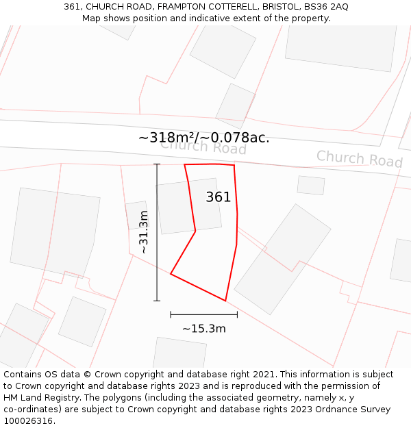 361, CHURCH ROAD, FRAMPTON COTTERELL, BRISTOL, BS36 2AQ: Plot and title map