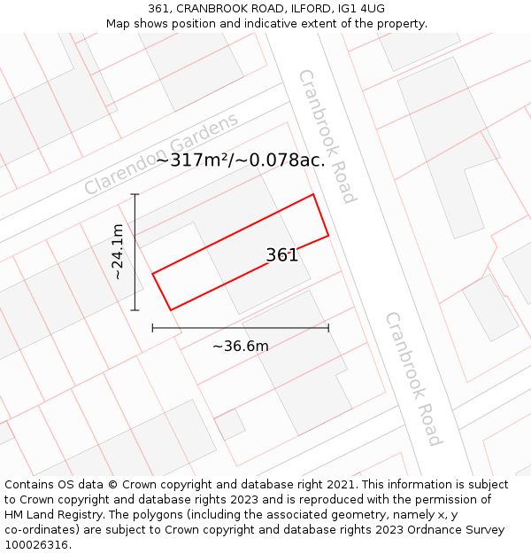 361, CRANBROOK ROAD, ILFORD, IG1 4UG: Plot and title map
