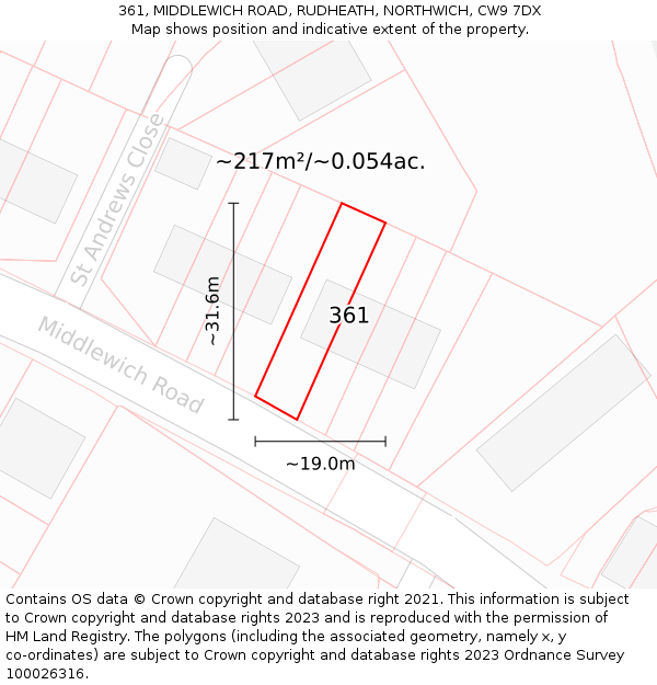 361, MIDDLEWICH ROAD, RUDHEATH, NORTHWICH, CW9 7DX: Plot and title map
