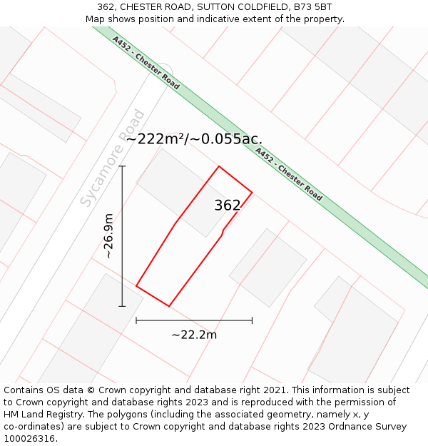 362, CHESTER ROAD, SUTTON COLDFIELD, B73 5BT: Plot and title map