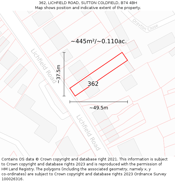 362, LICHFIELD ROAD, SUTTON COLDFIELD, B74 4BH: Plot and title map