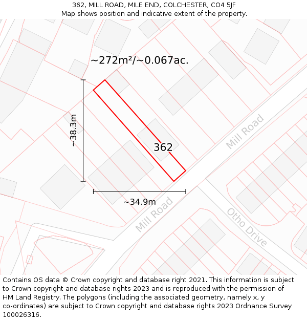 362, MILL ROAD, MILE END, COLCHESTER, CO4 5JF: Plot and title map