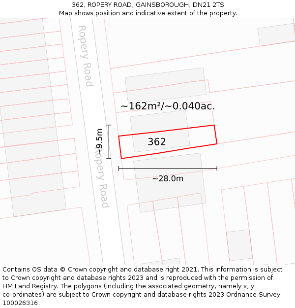 362, ROPERY ROAD, GAINSBOROUGH, DN21 2TS: Plot and title map