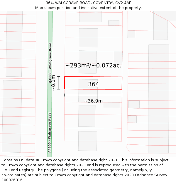 364, WALSGRAVE ROAD, COVENTRY, CV2 4AF: Plot and title map