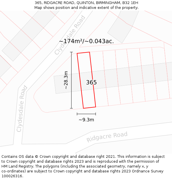 365, RIDGACRE ROAD, QUINTON, BIRMINGHAM, B32 1EH: Plot and title map