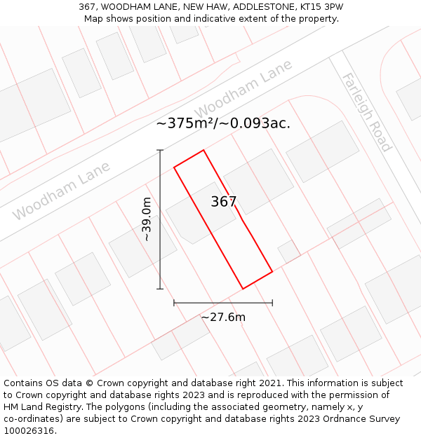 367, WOODHAM LANE, NEW HAW, ADDLESTONE, KT15 3PW: Plot and title map