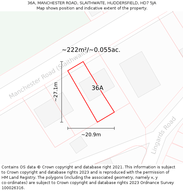 36A, MANCHESTER ROAD, SLAITHWAITE, HUDDERSFIELD, HD7 5JA: Plot and title map
