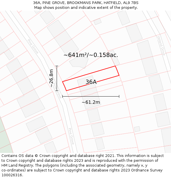 36A, PINE GROVE, BROOKMANS PARK, HATFIELD, AL9 7BS: Plot and title map