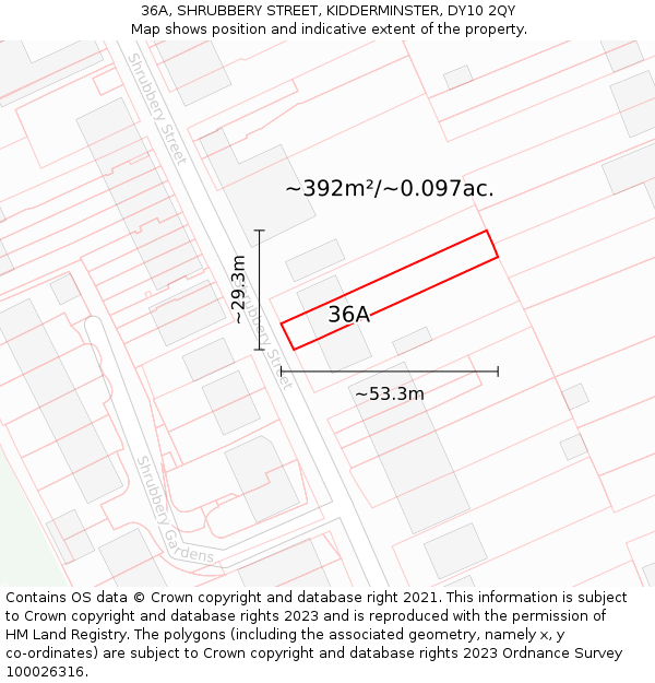 36A, SHRUBBERY STREET, KIDDERMINSTER, DY10 2QY: Plot and title map