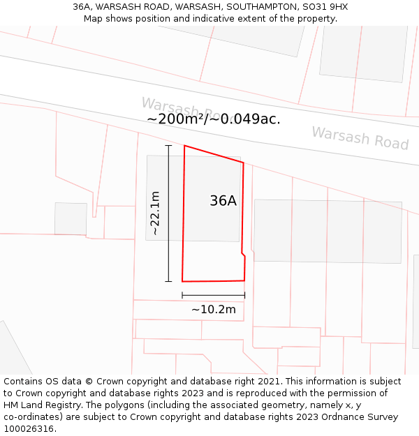 36A, WARSASH ROAD, WARSASH, SOUTHAMPTON, SO31 9HX: Plot and title map