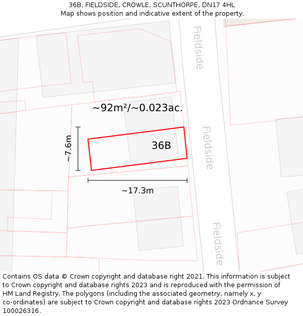 36B, FIELDSIDE, CROWLE, SCUNTHORPE, DN17 4HL: Plot and title map