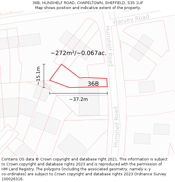 36B, HUNSHELF ROAD, CHAPELTOWN, SHEFFIELD, S35 1UF: Plot and title map
