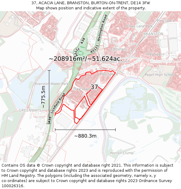 37, ACACIA LANE, BRANSTON, BURTON-ON-TRENT, DE14 3FW: Plot and title map