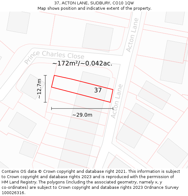 37, ACTON LANE, SUDBURY, CO10 1QW: Plot and title map