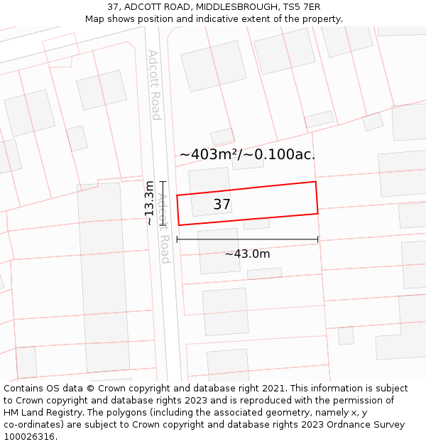 37, ADCOTT ROAD, MIDDLESBROUGH, TS5 7ER: Plot and title map