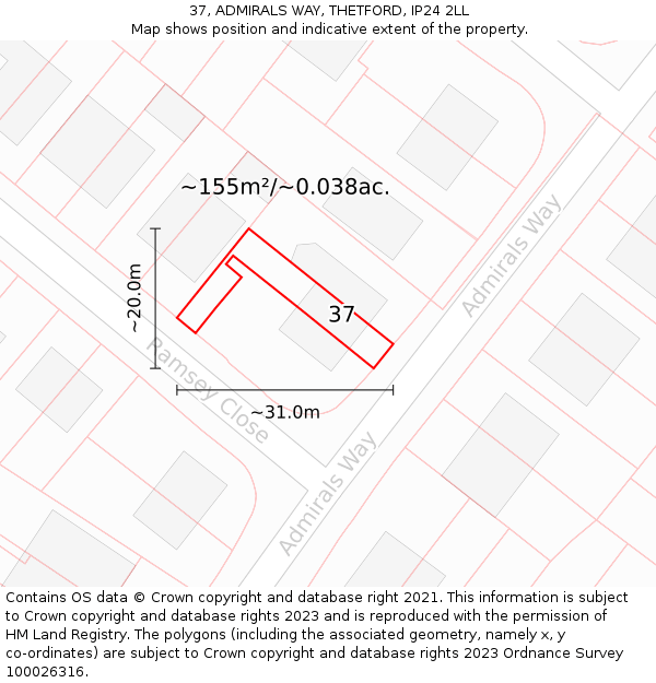 37, ADMIRALS WAY, THETFORD, IP24 2LL: Plot and title map