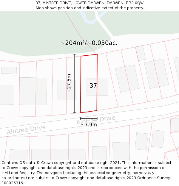37, AINTREE DRIVE, LOWER DARWEN, DARWEN, BB3 0QW: Plot and title map