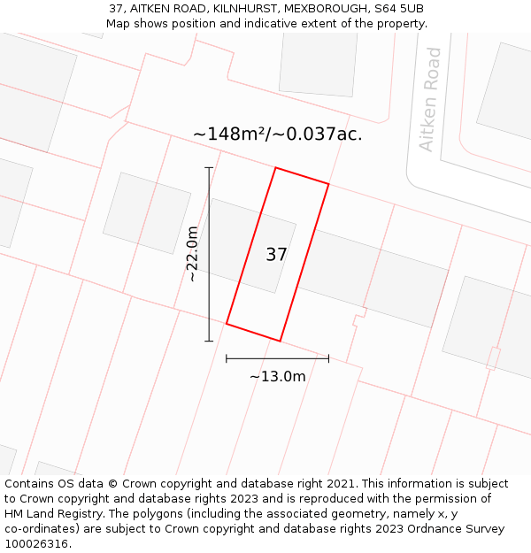 37, AITKEN ROAD, KILNHURST, MEXBOROUGH, S64 5UB: Plot and title map
