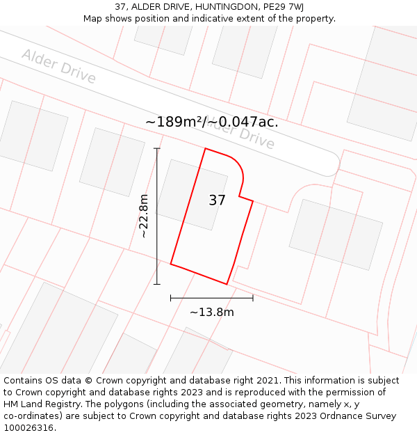 37, ALDER DRIVE, HUNTINGDON, PE29 7WJ: Plot and title map