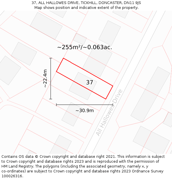 37, ALL HALLOWES DRIVE, TICKHILL, DONCASTER, DN11 9JS: Plot and title map