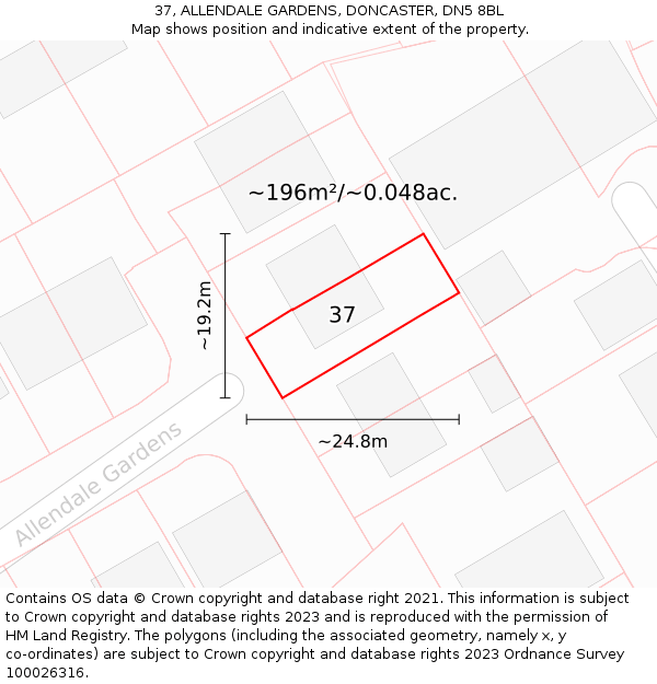 37, ALLENDALE GARDENS, DONCASTER, DN5 8BL: Plot and title map