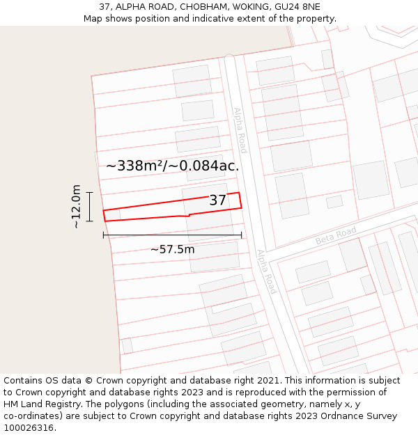 37, ALPHA ROAD, CHOBHAM, WOKING, GU24 8NE: Plot and title map