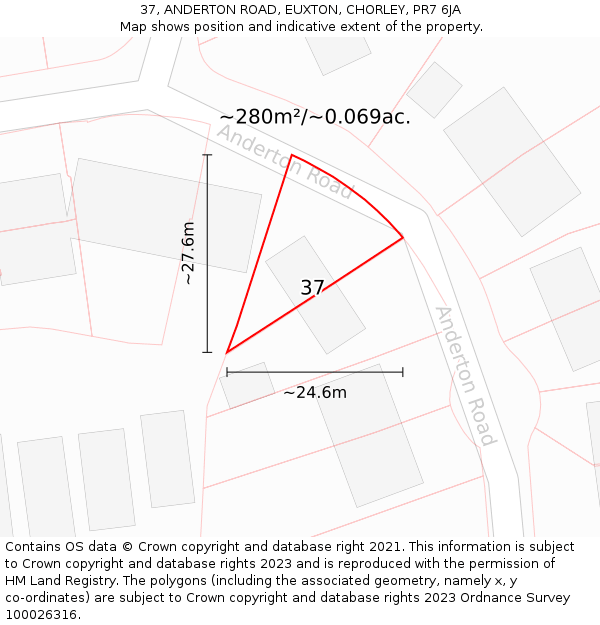 37, ANDERTON ROAD, EUXTON, CHORLEY, PR7 6JA: Plot and title map