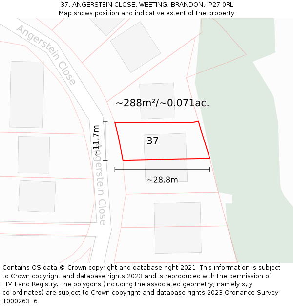 37, ANGERSTEIN CLOSE, WEETING, BRANDON, IP27 0RL: Plot and title map