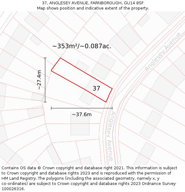 37, ANGLESEY AVENUE, FARNBOROUGH, GU14 8SF: Plot and title map