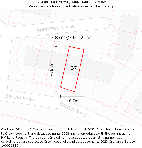 37, APPLETREE CLOSE, BARNSTAPLE, EX32 8PN: Plot and title map