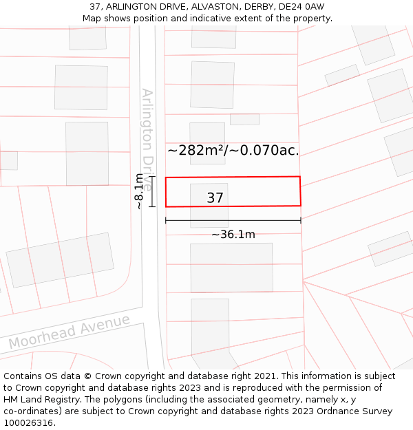 37, ARLINGTON DRIVE, ALVASTON, DERBY, DE24 0AW: Plot and title map