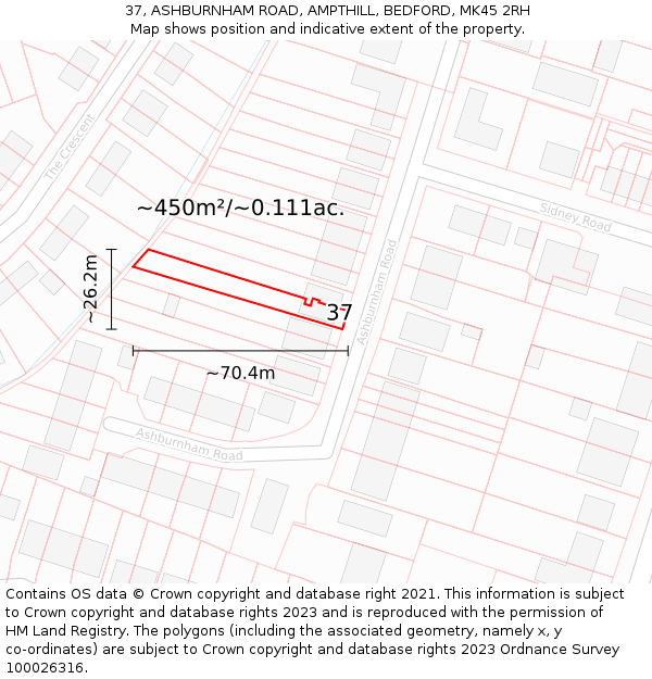 37, ASHBURNHAM ROAD, AMPTHILL, BEDFORD, MK45 2RH: Plot and title map