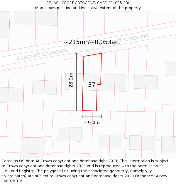 37, ASHCROFT CRESCENT, CARDIFF, CF5 3RL: Plot and title map