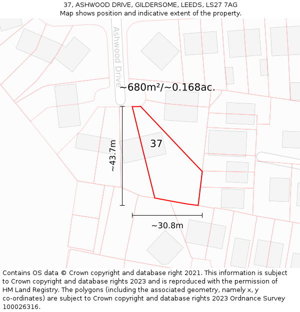 37, ASHWOOD DRIVE, GILDERSOME, LEEDS, LS27 7AG: Plot and title map